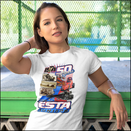 ESTA Juniors Ladies 100 Cotton Tee White Esta Safety Park Dragstrip