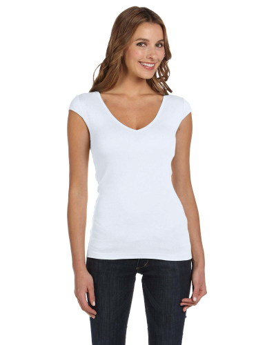 限定お買い得商品 Sheer Ladies' Mini T-Shirt V-Neck Deep Cap-Sleeve Rib トップス
