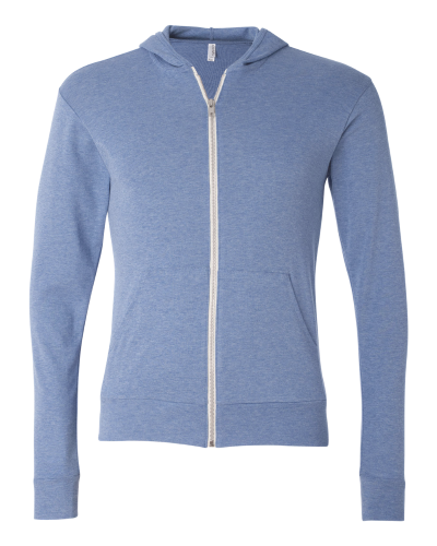 Triblend Unisex Lightweight Hooded Full-Zip T-Shirt in Blue Triblend