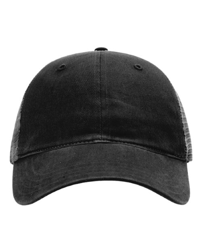 printed Garment Washed Trucker Cap in Black