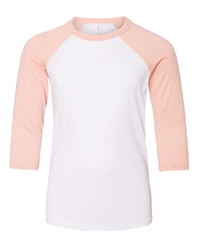 Youth Three-Quarter Sleeve Baseball Tee in White Heather Peach