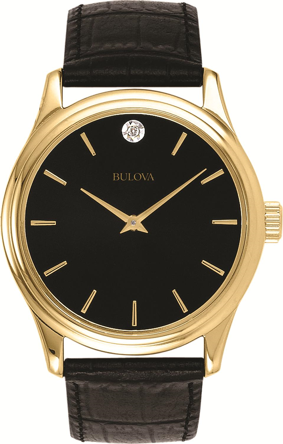 Bulova corporate collection men's black leather strap watch with diamond store