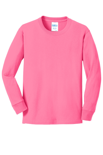 Neon Pink Port & Company Youth Long Sleeve 5.4-oz 100% Cotton T-Shirt ...