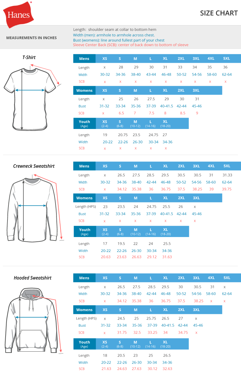 Hanes ecosmart 2025 hoodie size chart