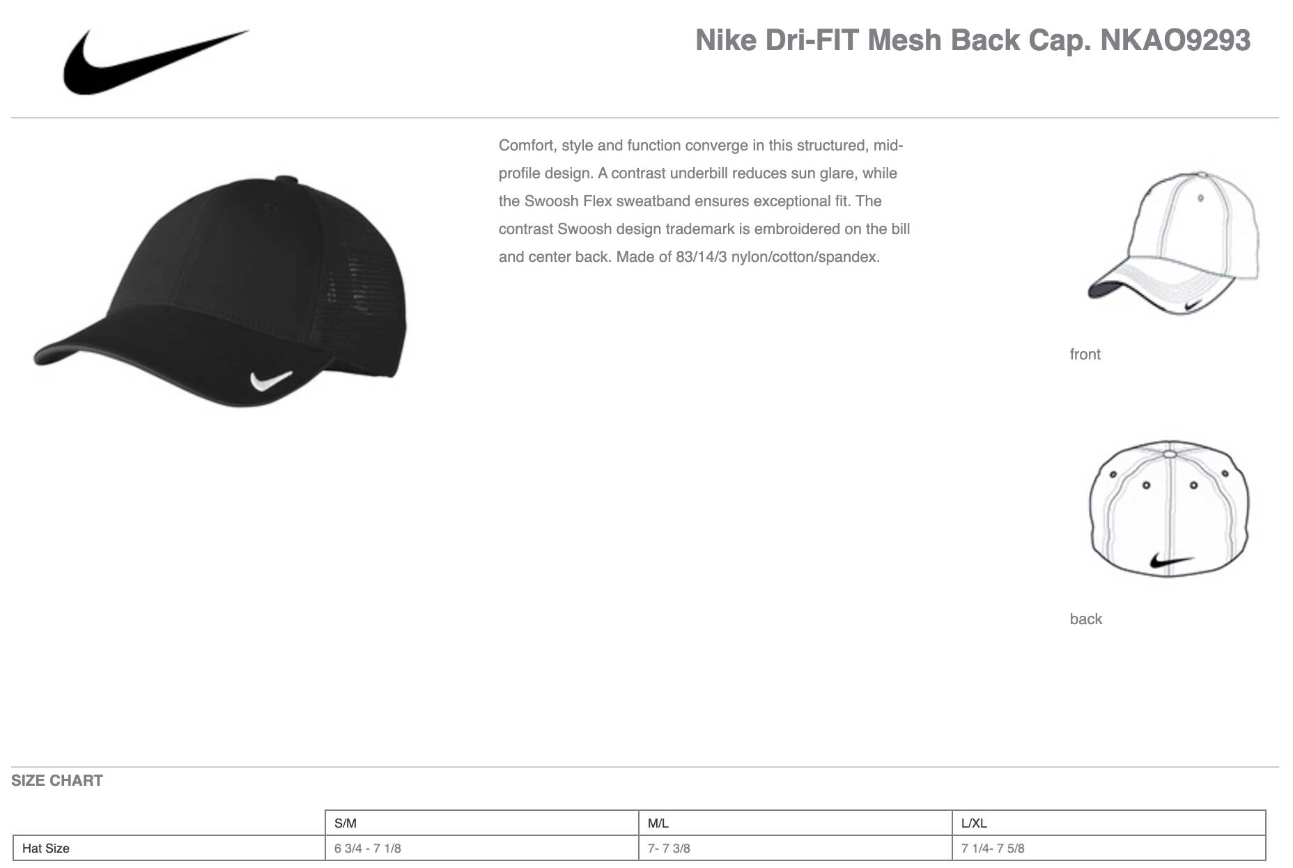 Nike NKAO9293 Dri-Fit Mesh Back Cap Black/ White L/XL