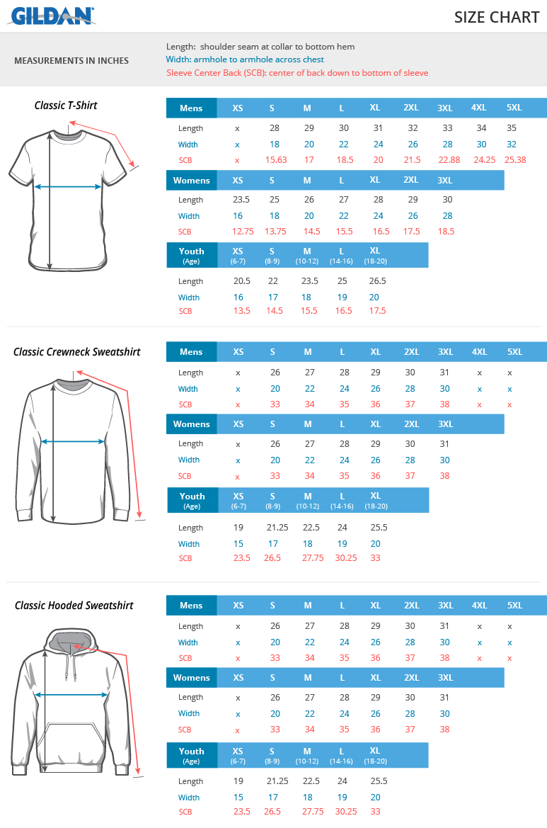 gildan youth unisex size chart